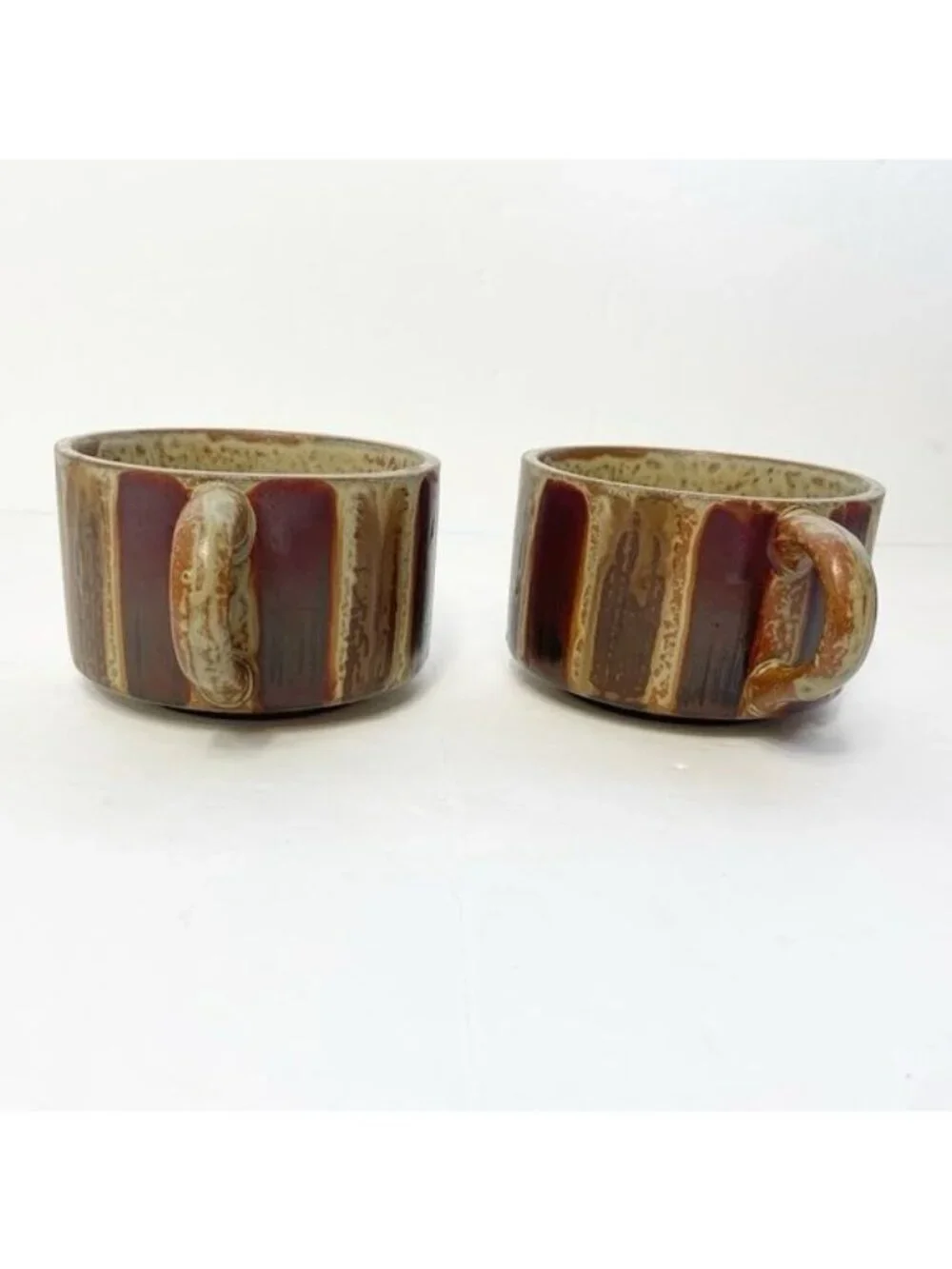 Set Of 2 Vintage Oversized Stoneware Mugs Large Tea Coffee Latte MCM Striped